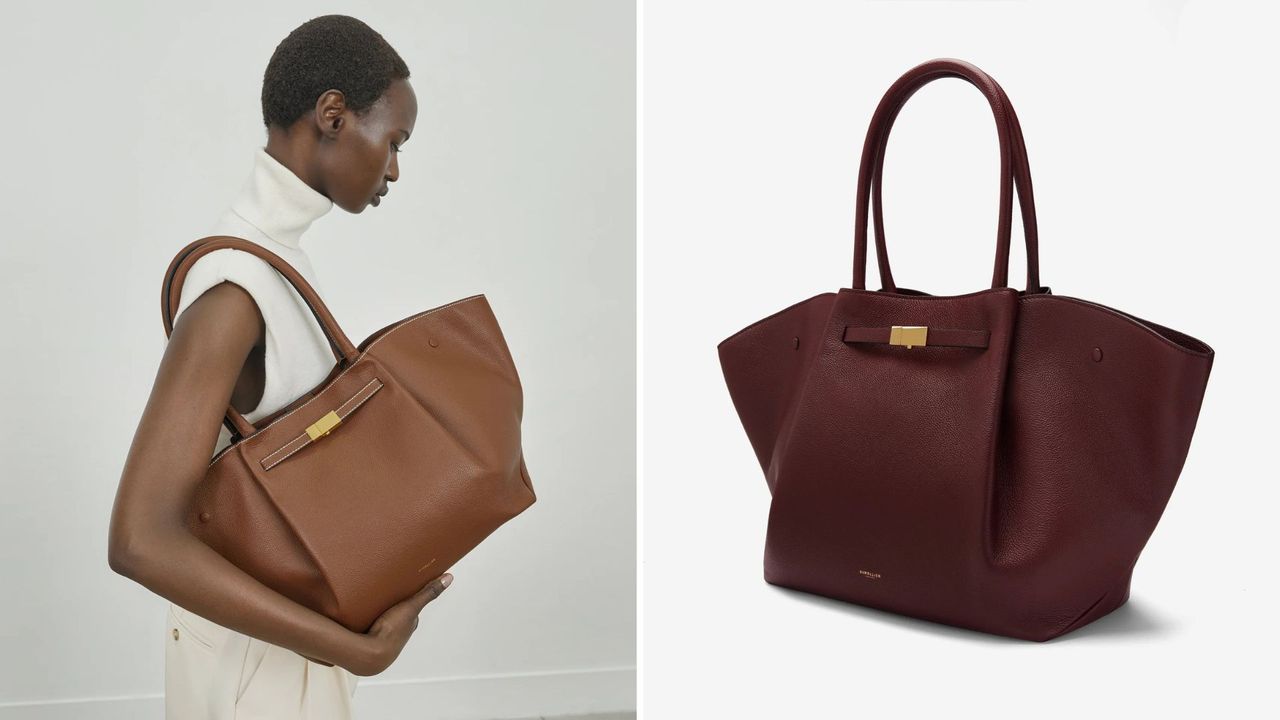 model and cut out shots of DeMellier New York bag in tan and burgundy