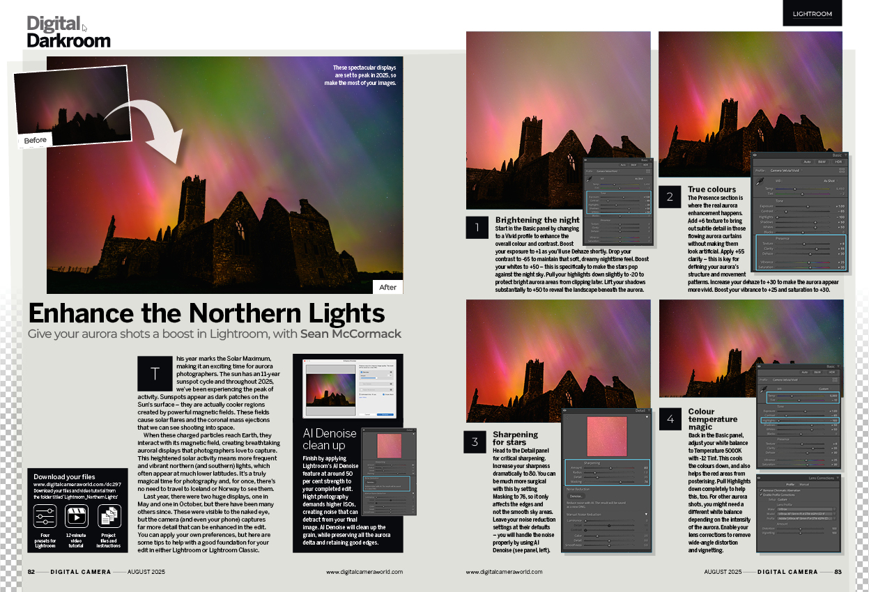 Image showing the Fundamentals tutorial in issue 297 (August 2025) of Digital Camera magazine, explaining the editing techniques to use to improve photos of the Northern Lights