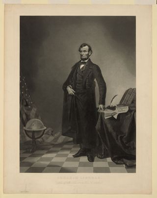 Print is a composite. The head of Abraham Lincoln is superimposed on the figure and background of an earlier print by AH Ritchie showing John C Calhoun, 1852
