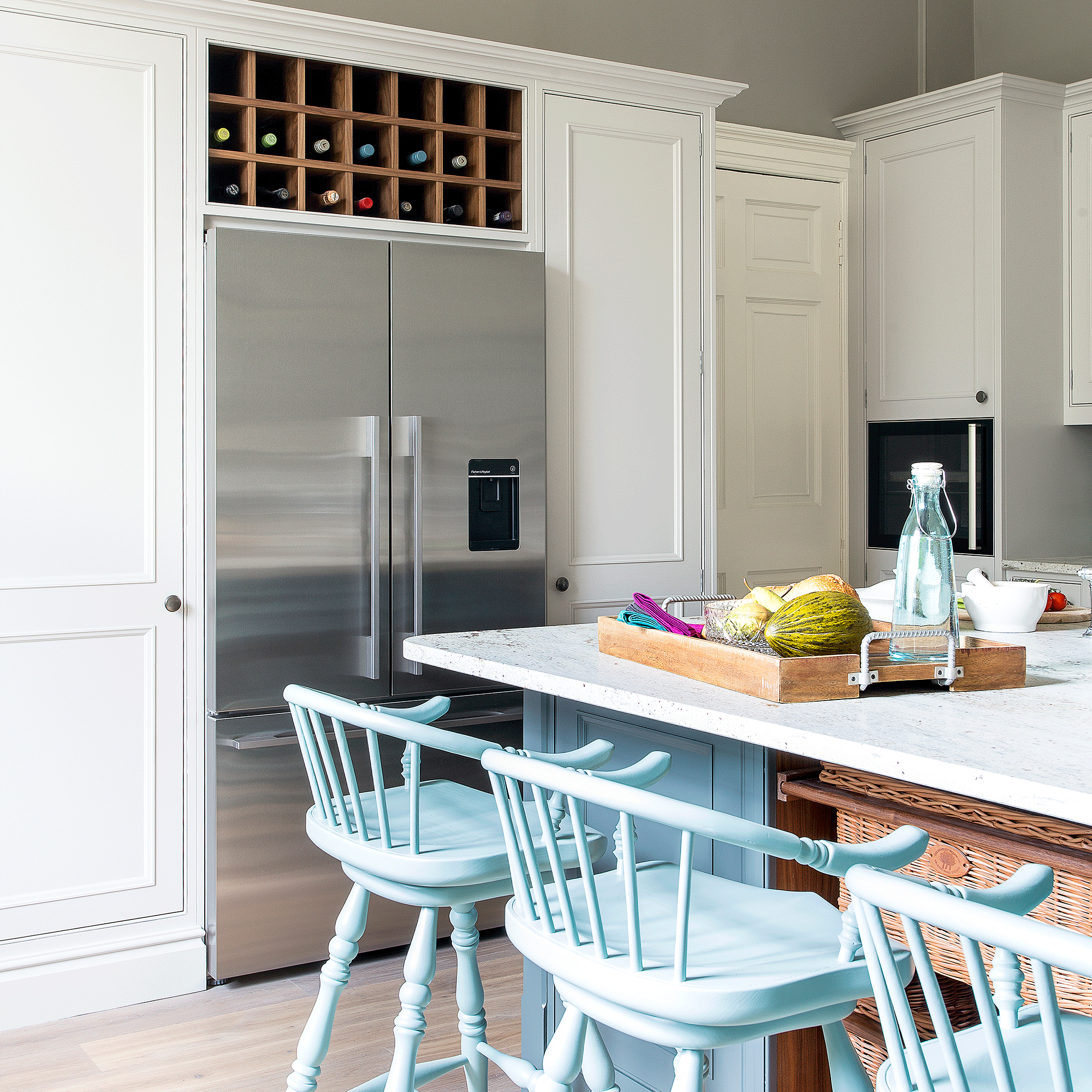 Silver fridge freezer with table