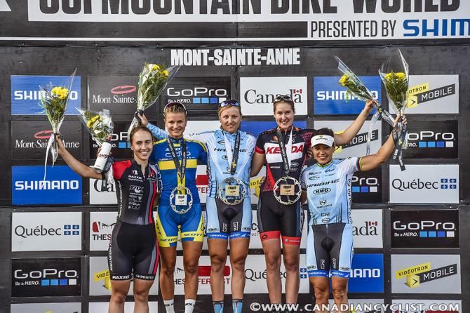 The elite women's podium at the Mont-Sainte-Anne World Cup eliminator