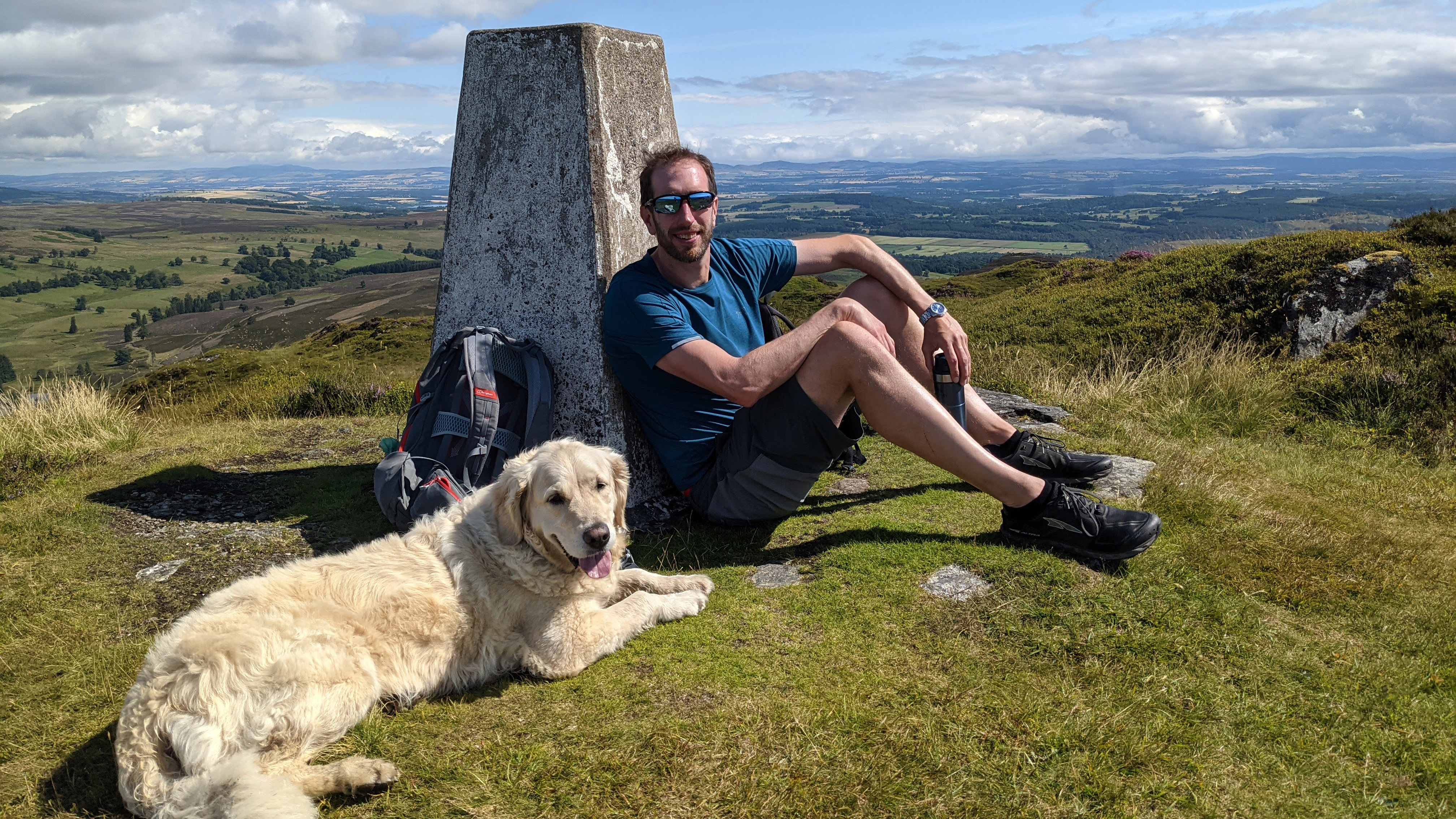 Deuchary Hill and Loch Ordie: on the summit with the hound