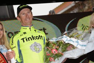 Maciej Bodnar (Tinkoff) on the podium after winning the time trial
