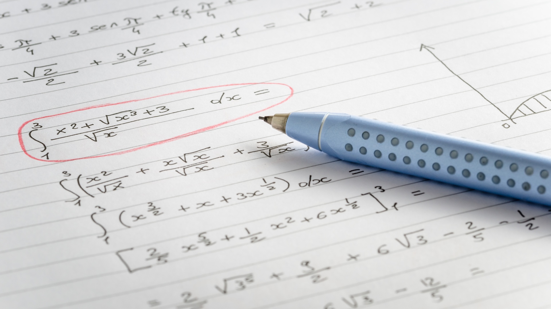 a photo of a piece of paper with math equations on it, one circled in red, with a pen laying on top