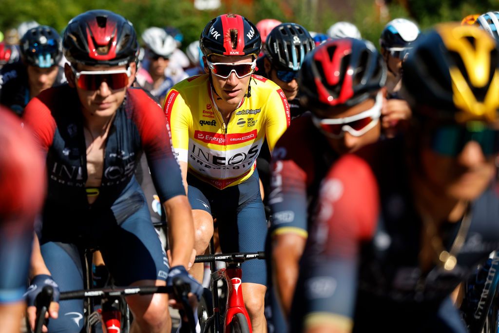 KRAKOW POLAND AUGUST 05 Ethan Hayter of United Kingdom and Team INEOS Grenadiers Yellow Leader Jersey competes during the 79th Tour de Pologne 2022 Stage 7 a 1778km stage from Valsir to Krakow TdP22 WorldTour on August 05 2022 in Krakow Poland Photo by Bas CzerwinskiGetty Images