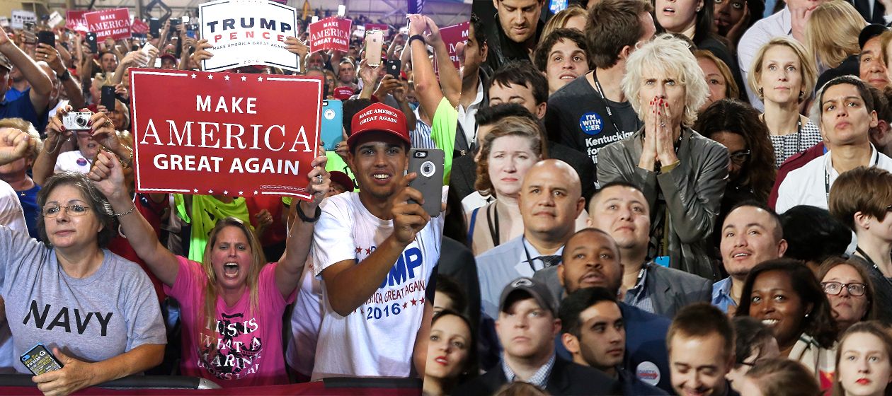 Supporters of Donald Trump and Hillary Clinton.