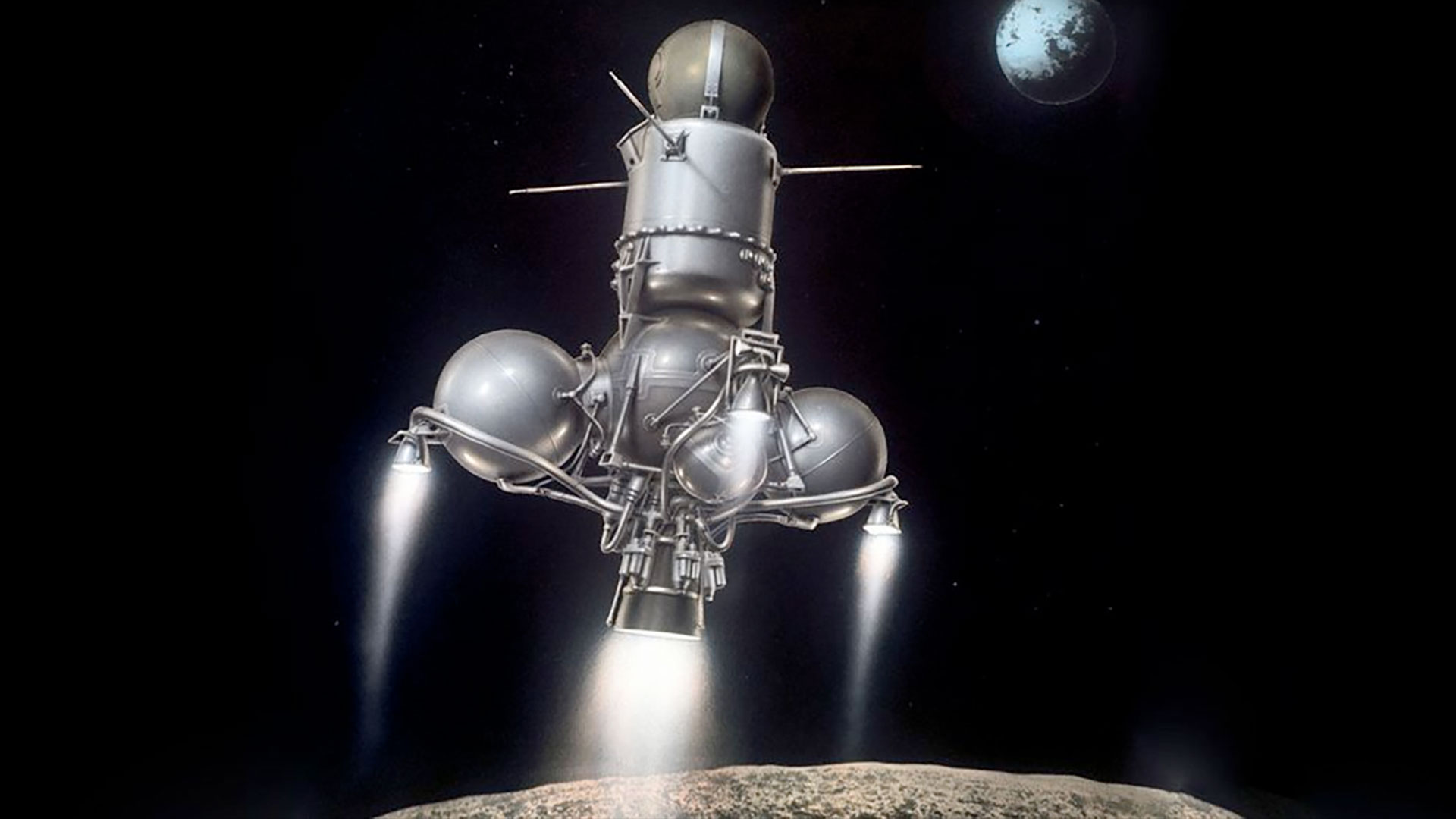 an artist's illustration of a space probe firing its thrusters to land on the moon
