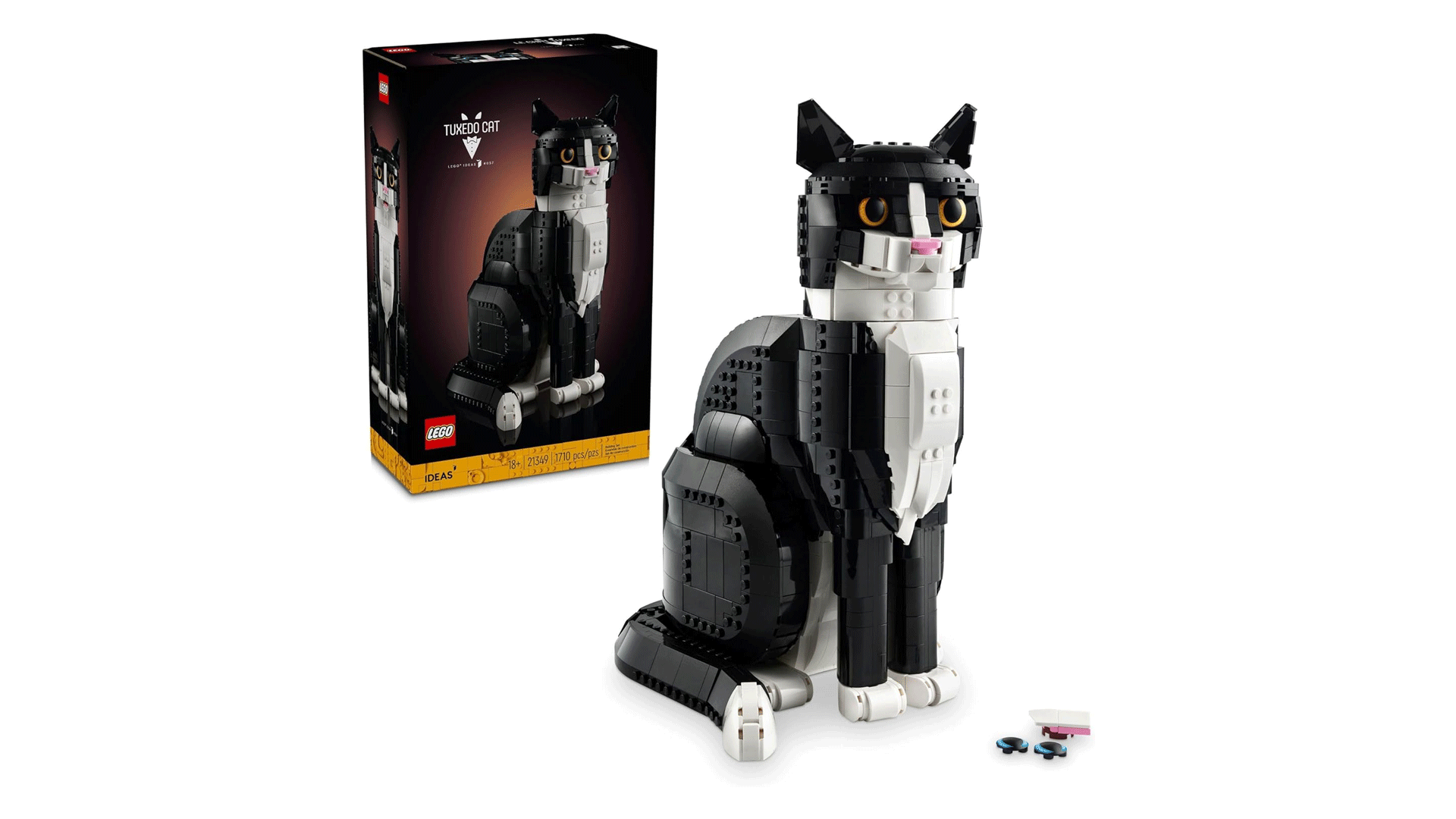 The Lego Tuxedo Cat set built with box behind