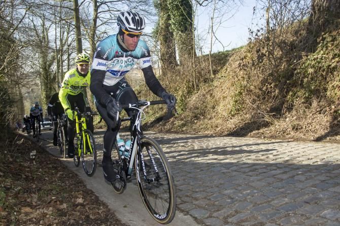 Stijn Vandenbergh (Omega Pharma-Quick Step) leads Kevin Hulsmans (Vini Fantini) up the Taaienberg.