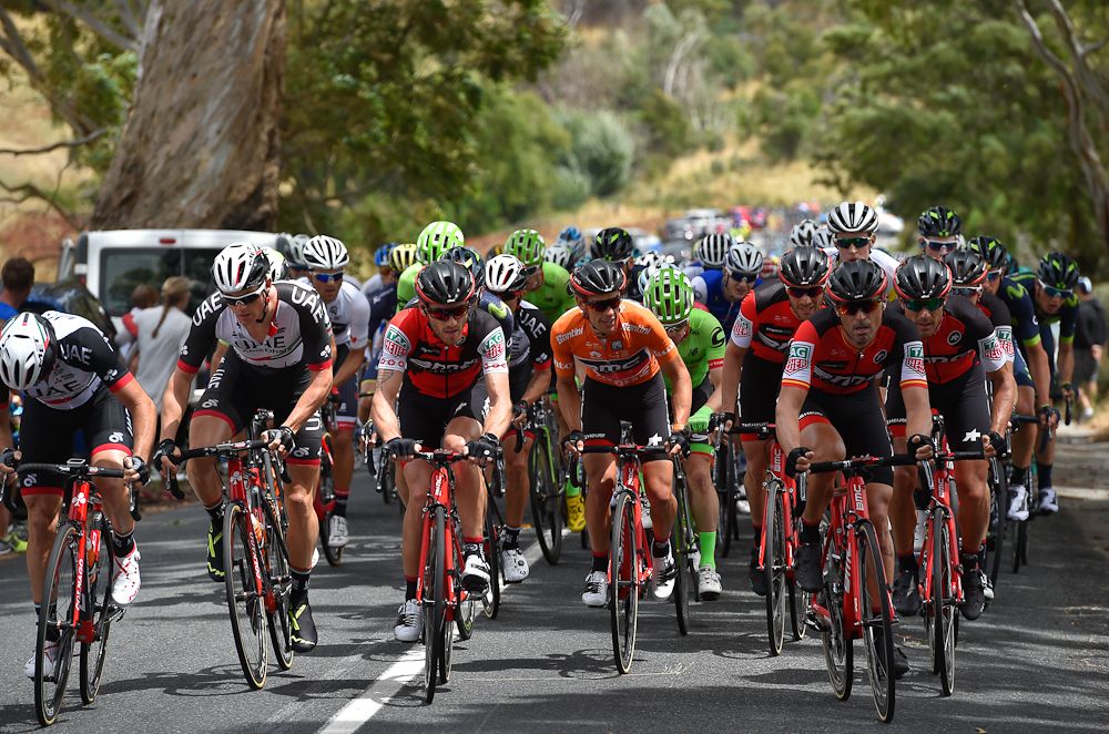 Richie Porte is surrounded by teammates during stage 4 at the Tour Down Under