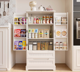 Off-white neutral pantry with open doors, filled with food