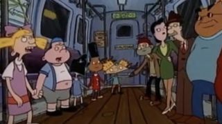 Characters holding hands on a subway on Hey Arnold!