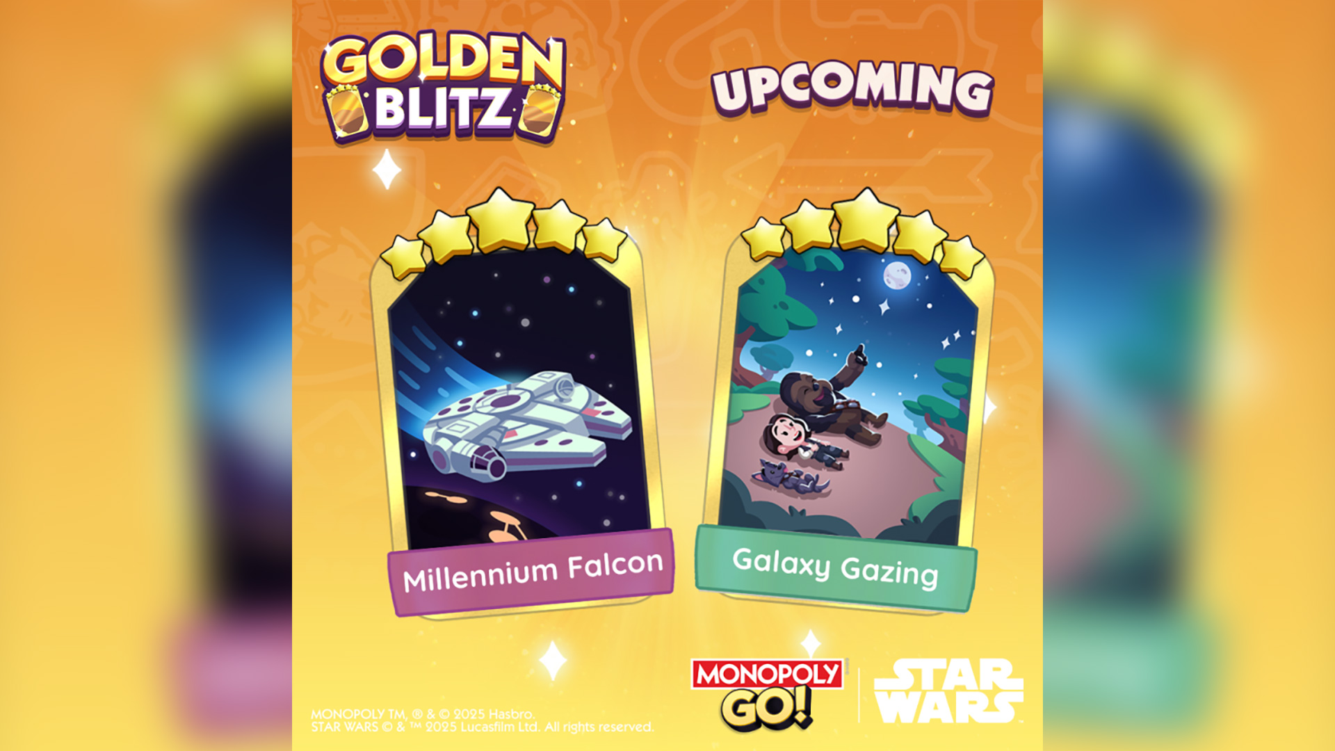 Monopoly Go Golden Blitz with Millennium Falcon and Galaxy Gazing