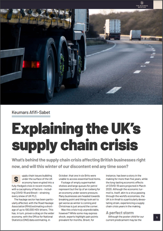 Wheels of a semi-truck driving on a road above a half-page of the article