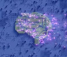 digitally generated image in the outline of a human brain with neurons coming out of it