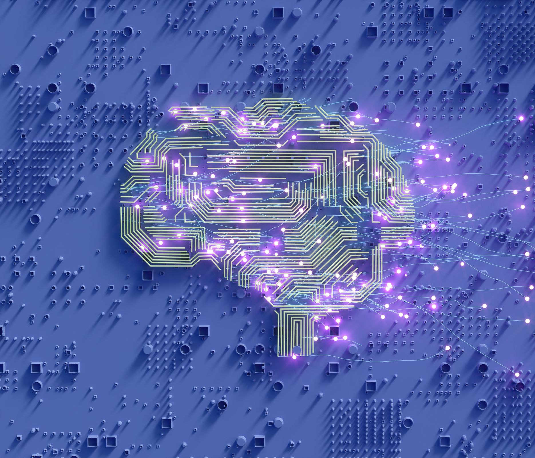 digitally generated image in the outline of a human brain with neurons coming out of it
