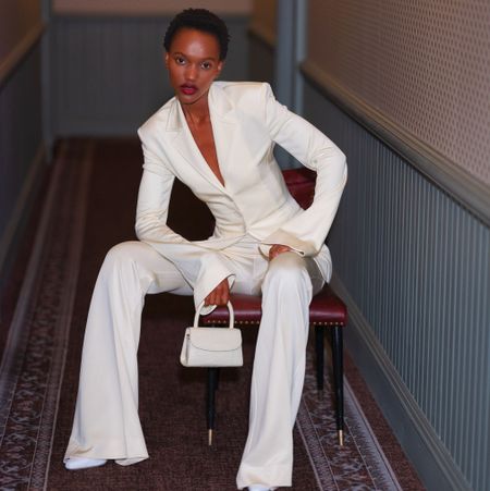 White, Fashion, Sitting, Room, Robe, Suit, Formal wear, 
