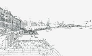 Black and white drawing of London street near river