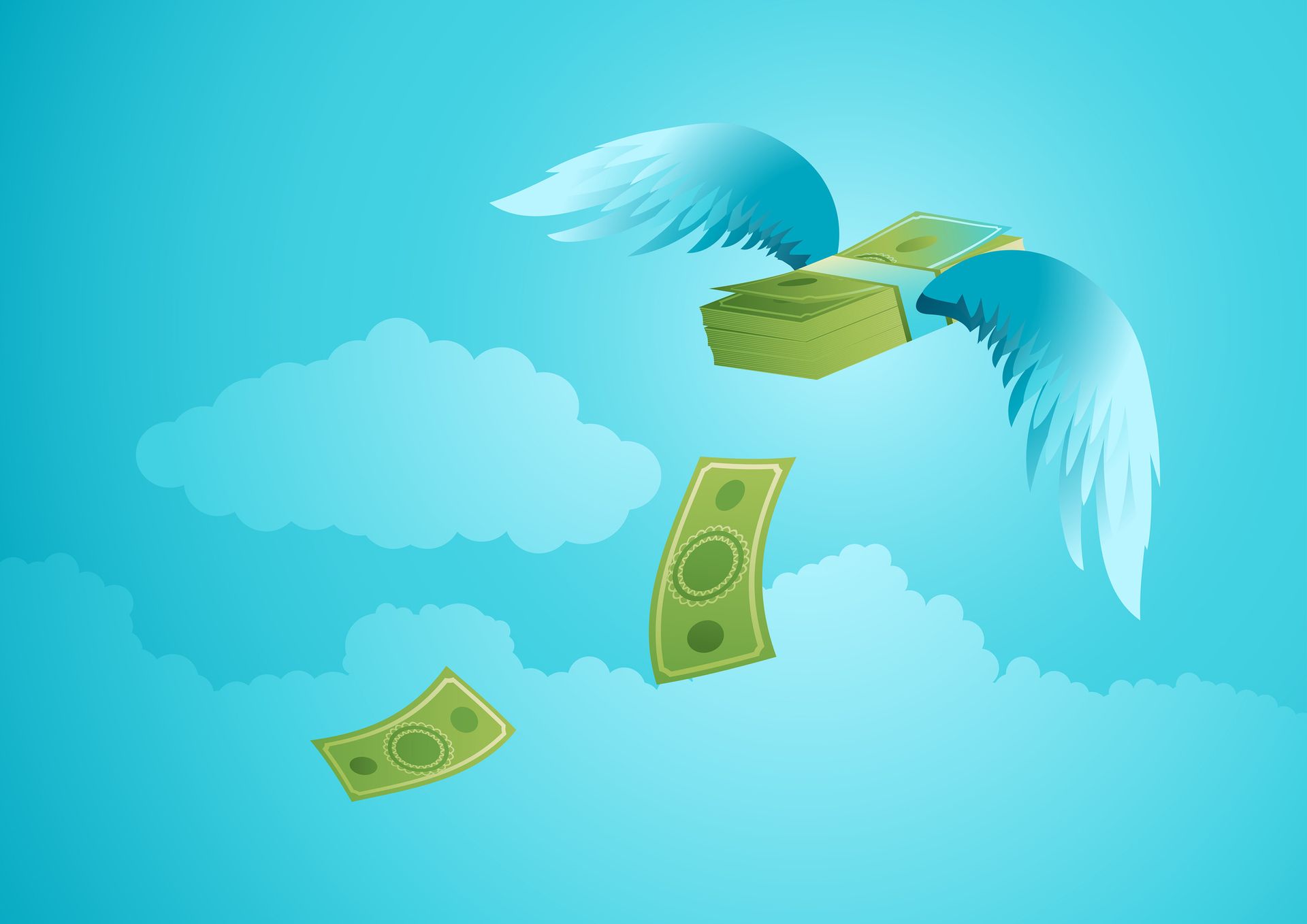 Flying money. Symbolizing financial loss, missed opportunities, inflation, financial success, rapid transactions, and economic movement