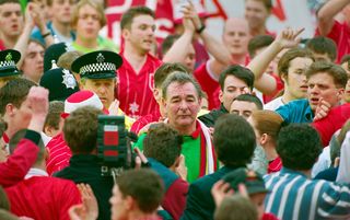 Nottingham Forest mananger Brian Clough leaves the field for the last time as Forest mananger after a 2-0 defeat by Sheffield United condemned Forest to relegation from the Premier League at the City ground on May 1, 1993 in Nottingham, England