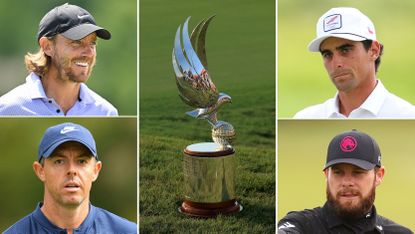 Tommy Fleetwood (top left), Rory McIlroy (bottom left), Joaquin Niemann (top right), Tyrrell Hatton (bottom right) and the Abu Dhabi HSBC Championship Falcon trophy (centre)