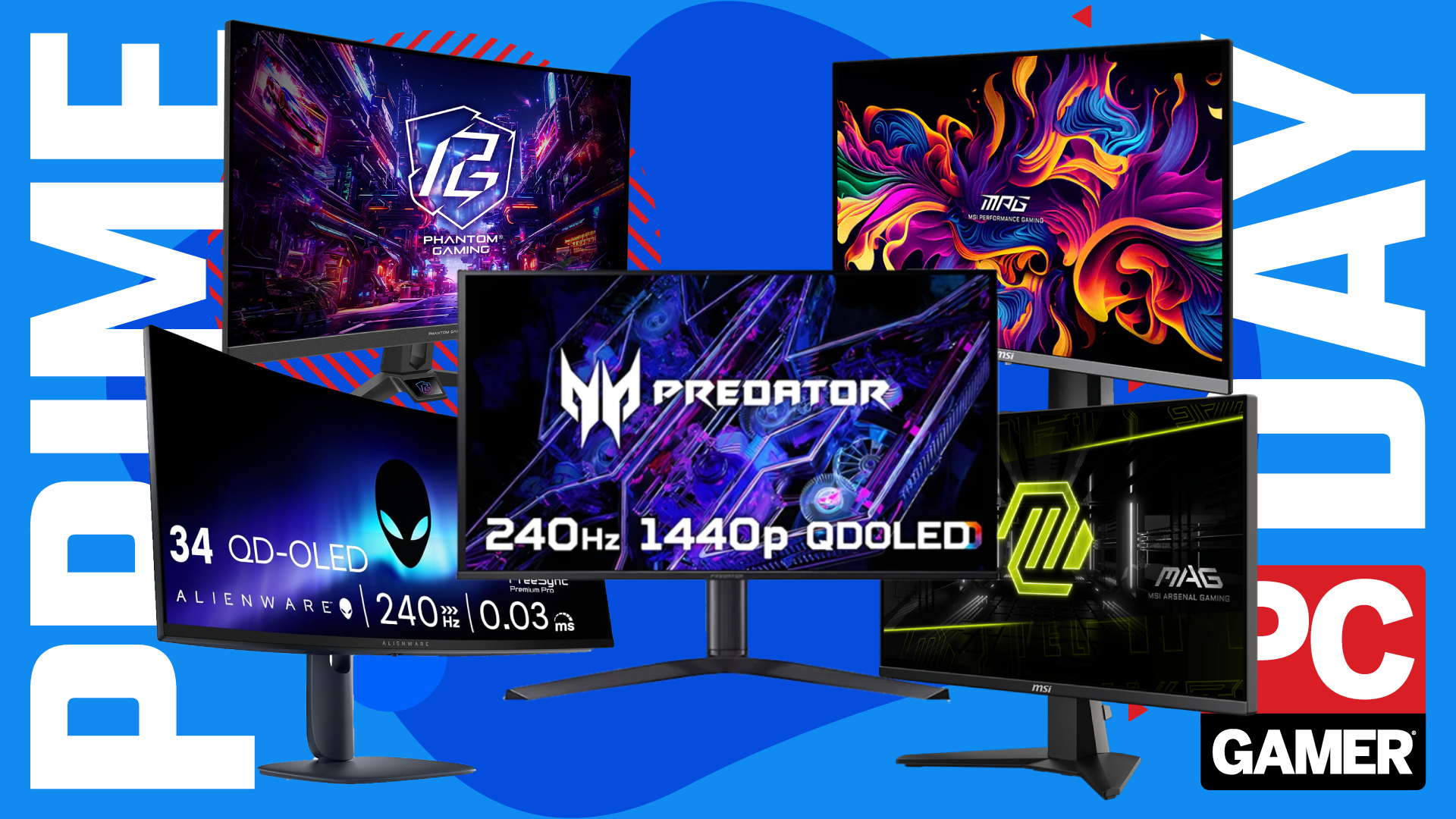 Five gaming monitors arranged in biblically-accurate fashion on a Prime Day deals blue and red background
