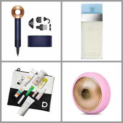 Product collage of Dyson Supersonic Hair Dryer, Dolce&Gabbana Women's Light Blue Eau De Toilette, Foreo UFO™ 2, Best of Dermstore: Skin Cancer Foundation x Dermstore Sun Protection Kit on white background with grey border