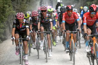 MONTALCINO ITALY MAY 19 Alberto Bettiol of Italy and Team EF Education Nippo Hugh Carthy of United Kingdom and Team EF Education Nippo Damiano Caruso of Italy and Team Bahrain Victorious during the 104th Giro dItalia 2021 Stage 12 a 162km stage from Perugia to Montalcino 554m Gravel Strokes Dust girodiitalia UCIworldtour Giro on May 19 2021 in Montalcino Italy Photo by Tim de WaeleGetty Images