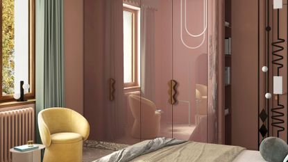 A bedroom with an iridescent dusty rose color, a yellow sofa chair, a side table, a bed with a bolster pillow, and blue-green sheets