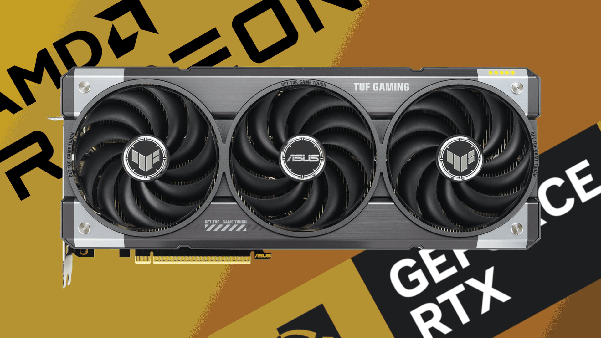 An image of an Asus TUF Gaming graphics card with AMD Radeon and Nvidia GeForce RTX logos behind the card, with a background of dark yellow and brown colours.