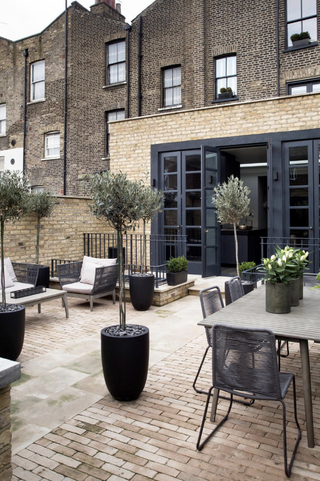 outdoor patio with lounging and dining areas with plants scattered around the space