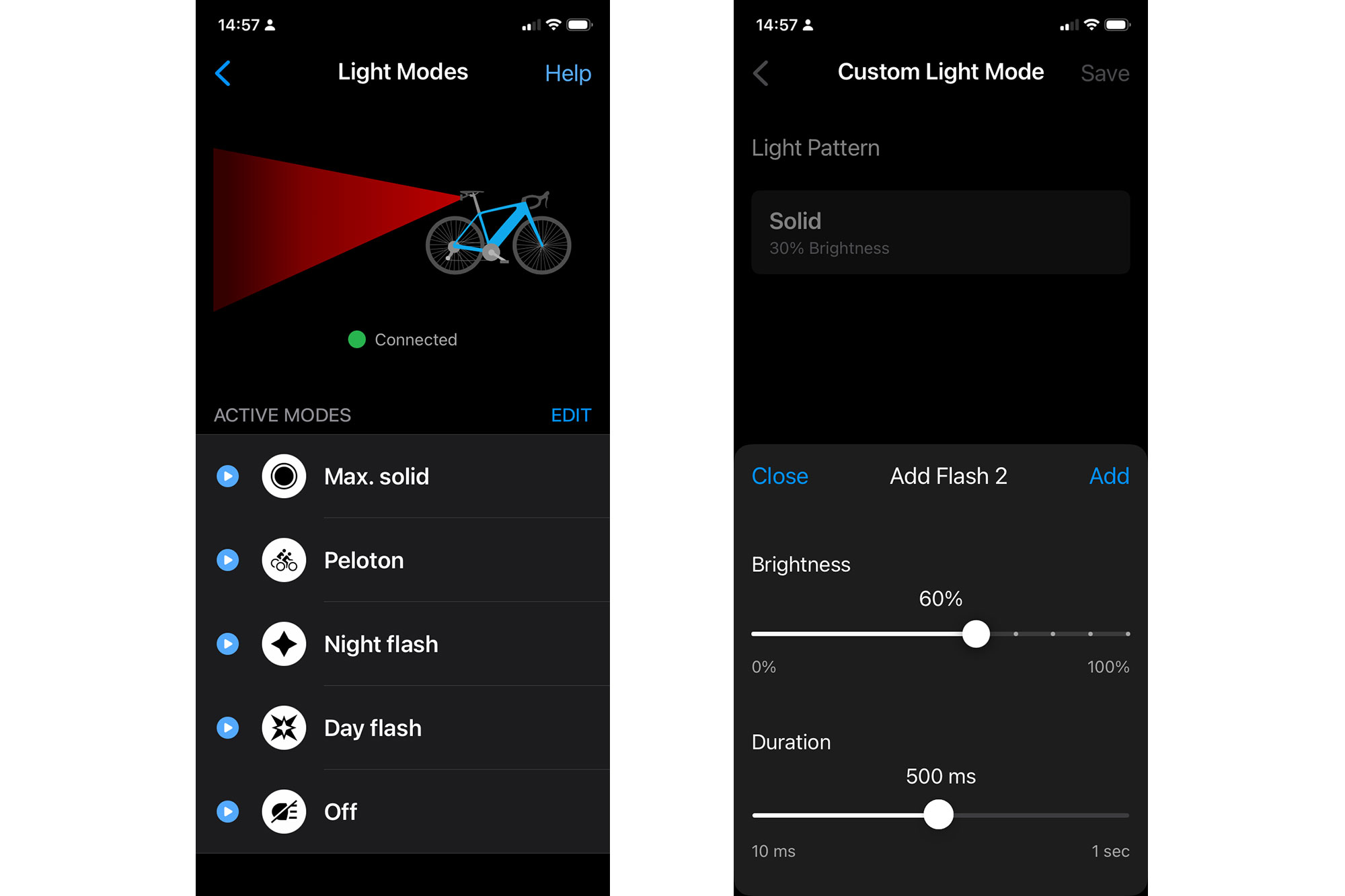 Garmin Varia App light network setup screens