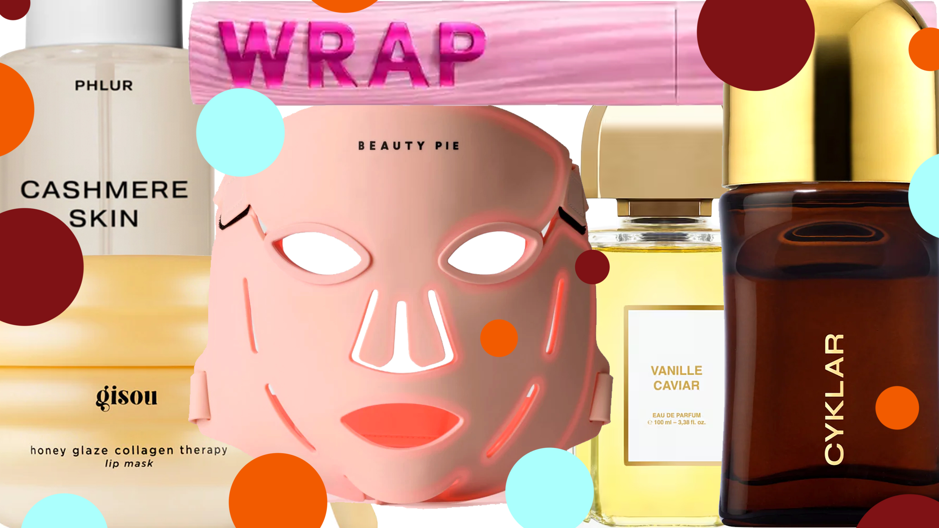 collage of beautypie The Dynamo Deep LED Collagen-Boosting Mask, Phlur Cashmere Skin - Body Mist, CoverGirl Eye Enhancer Wrap Tubing Mascara, CYKLAR Sacred Santal - Mandelic Acid Brightening Deodorant Gel, BDK Parfums Vanille Caviar, Gisou Honey Glaze Collagen Therapy Lip Mask on white background with blue, red, and orange polka dots 
