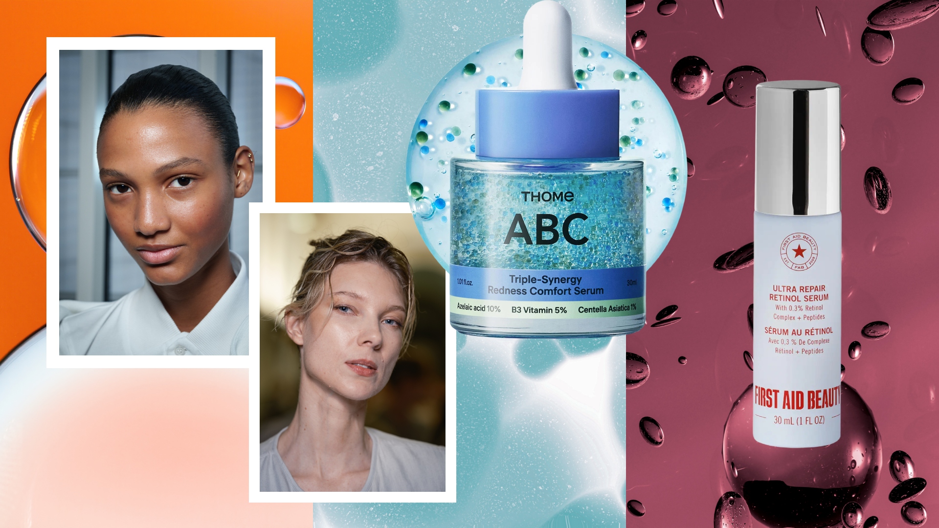 collage of red blue purple bubbles with girls with good skin and two skincare products that have azelaic acid and retinol