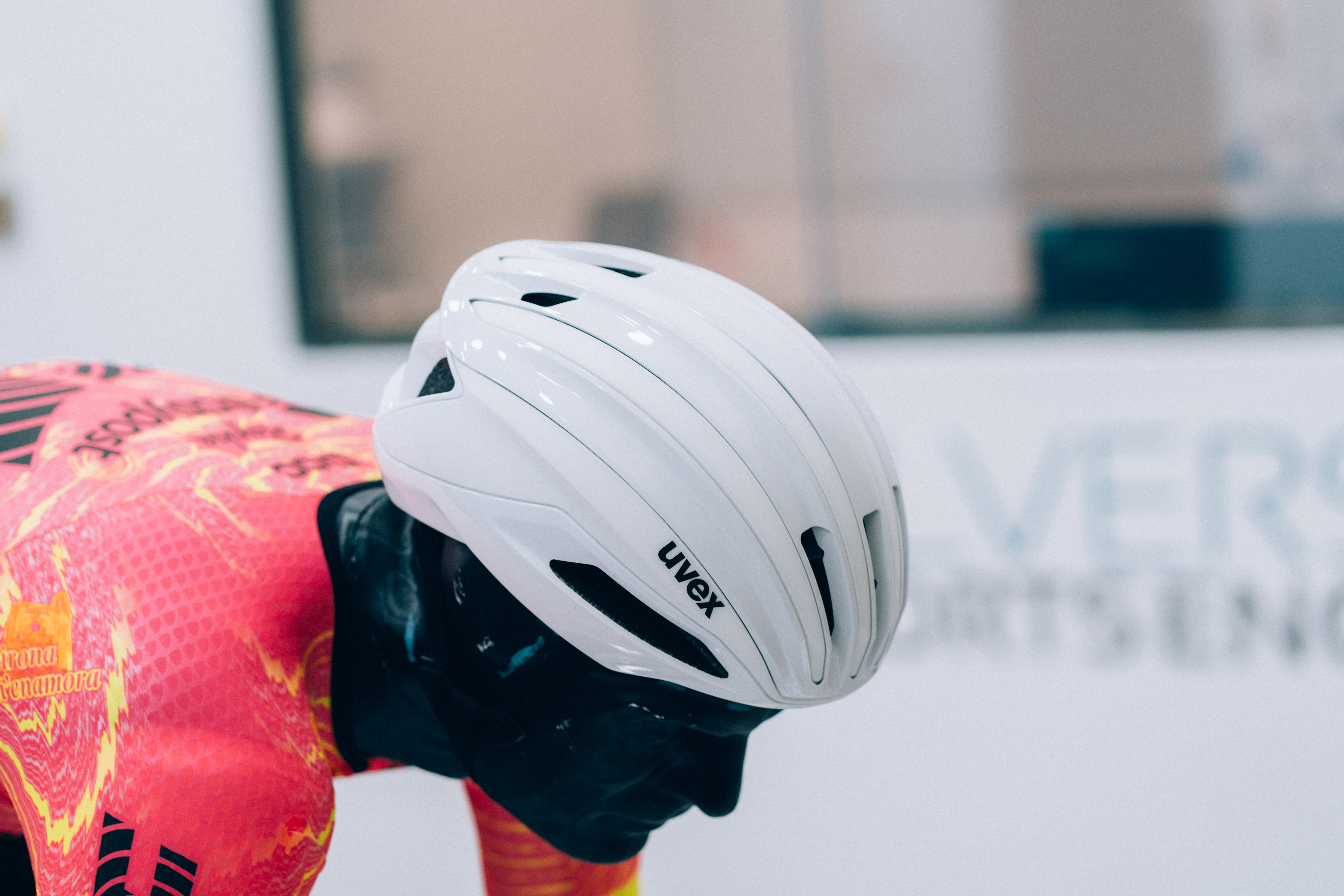 A close up of helmets being tested in the wind tunnel