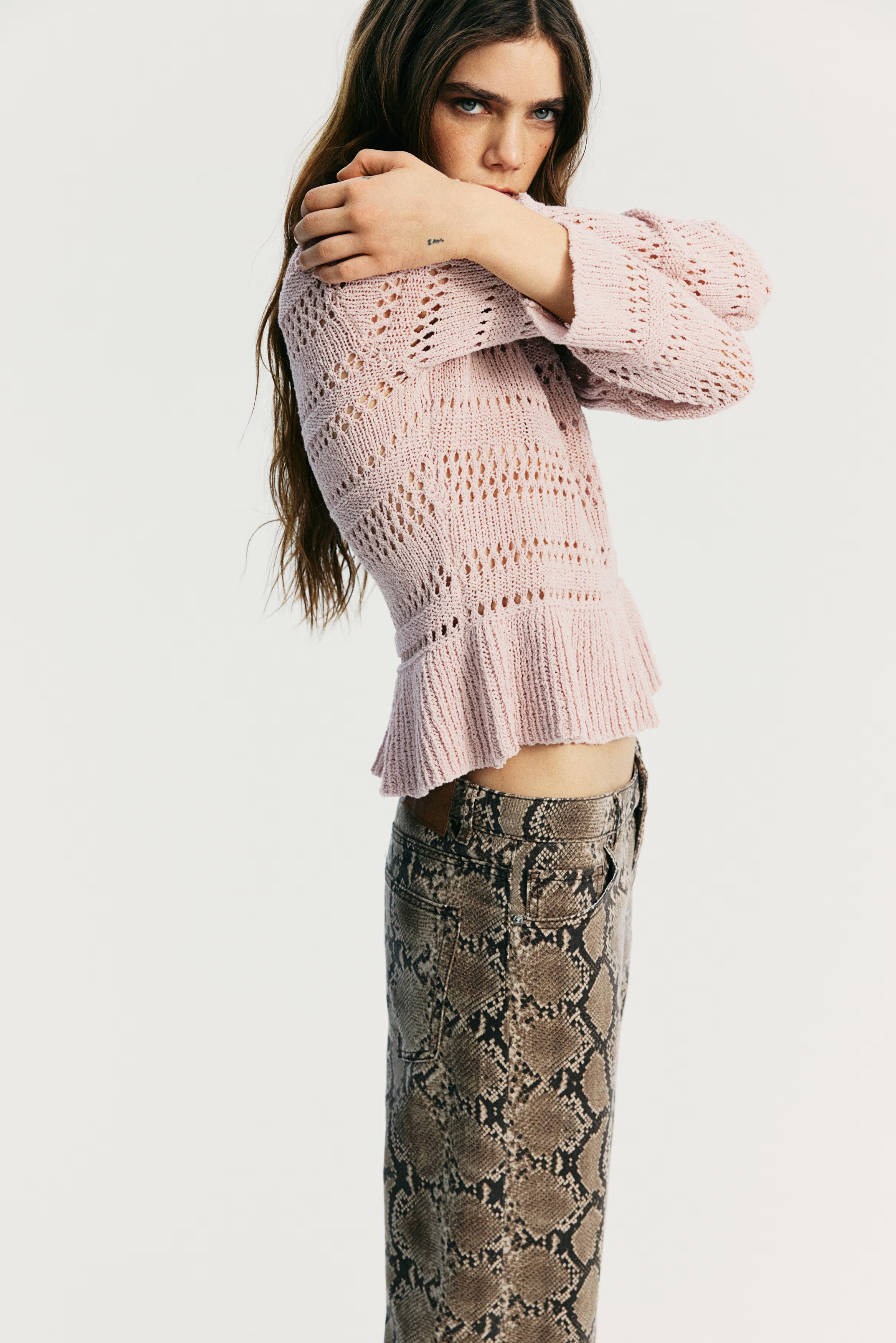 Pointelle-Knit Peplum Sweater