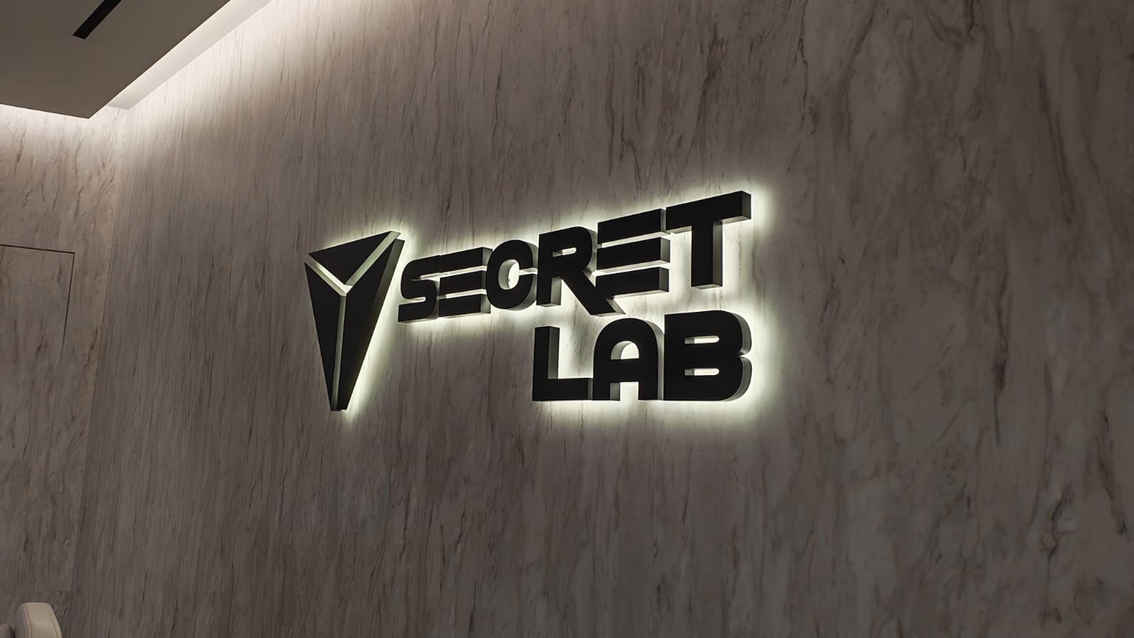The Secretlab logo in the company's Singapore HQ