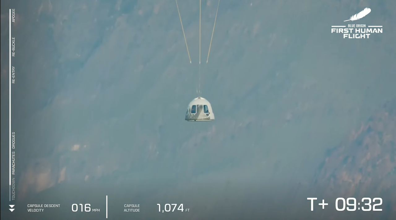 The New Shepard capsule descending on July 20, 2021.
