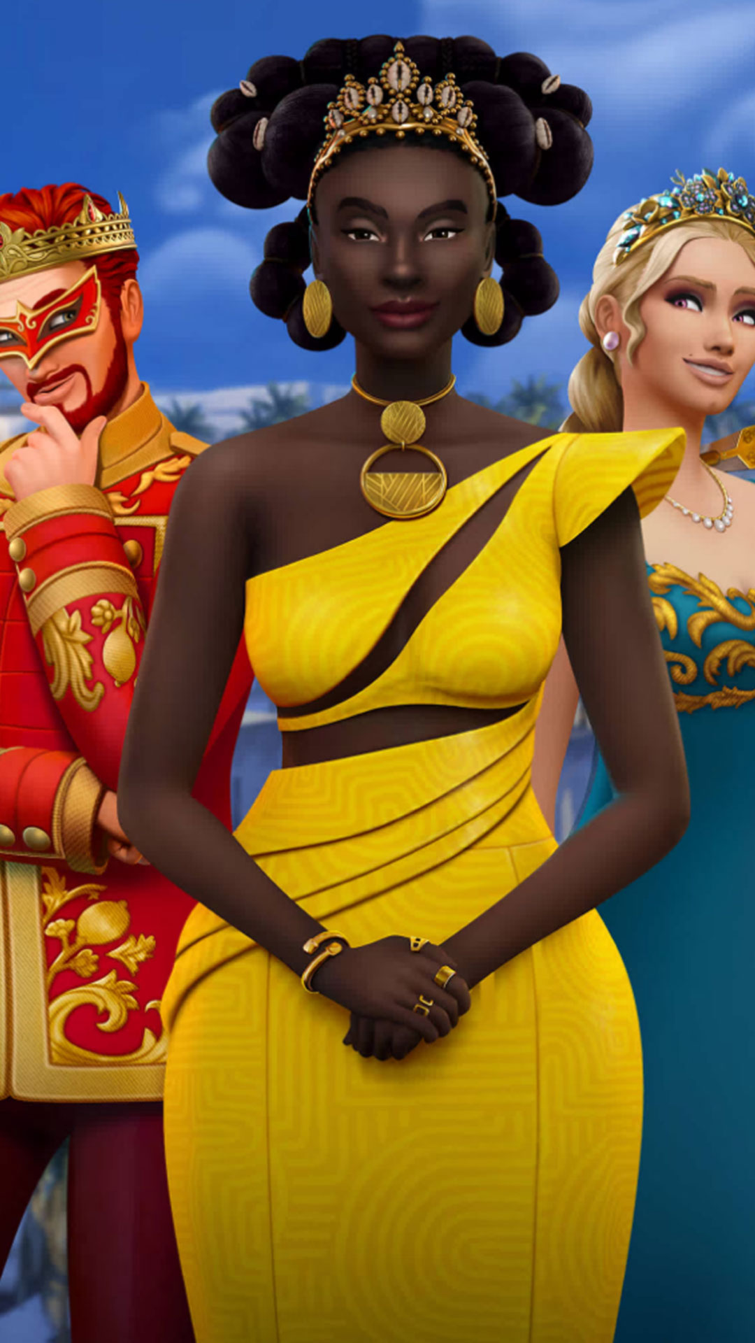 The Sims 4 Royalty and Legacy key art with three characters in royal attire