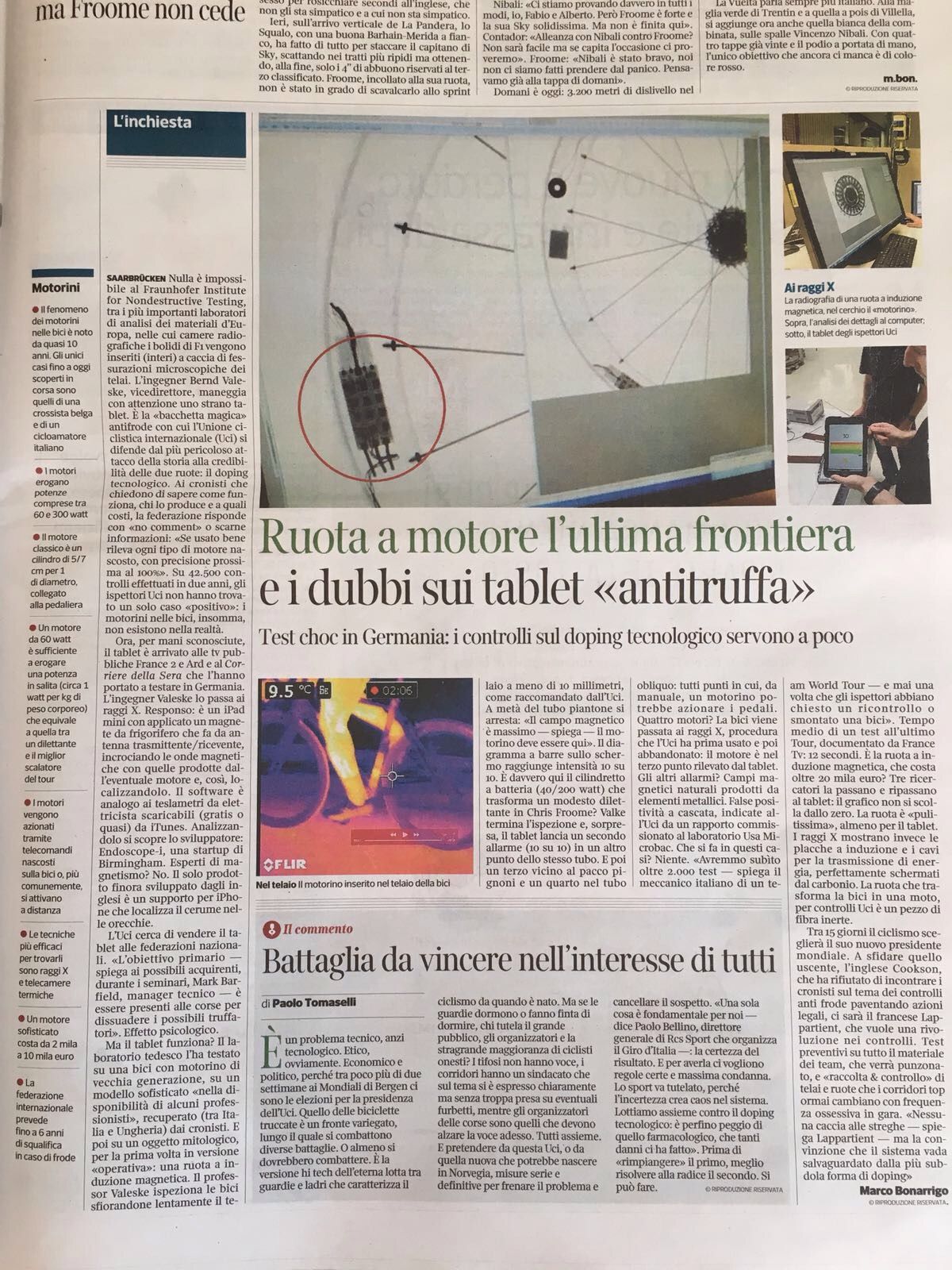 Il Corriere della Sera reports on its examination of the UCI's tablet devices for detecting mechanical doping.