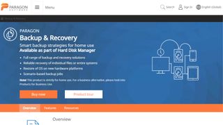 Website screenshot for Paragon Backup & Recovery