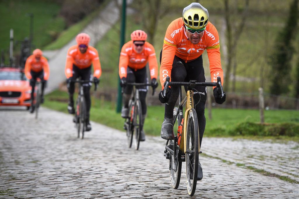 Belgian Greg Van Avermaet of CCC Team pictured in action at de Haaghoek during the reconnaissance of the track ahead of the 75th edition of the oneday cycling race Omloop Het Nieuwsblad Wednesday 26 February 2020 BELGA PHOTO DAVID STOCKMAN Photo by DAVID STOCKMANBELGA MAGAFP via Getty Images