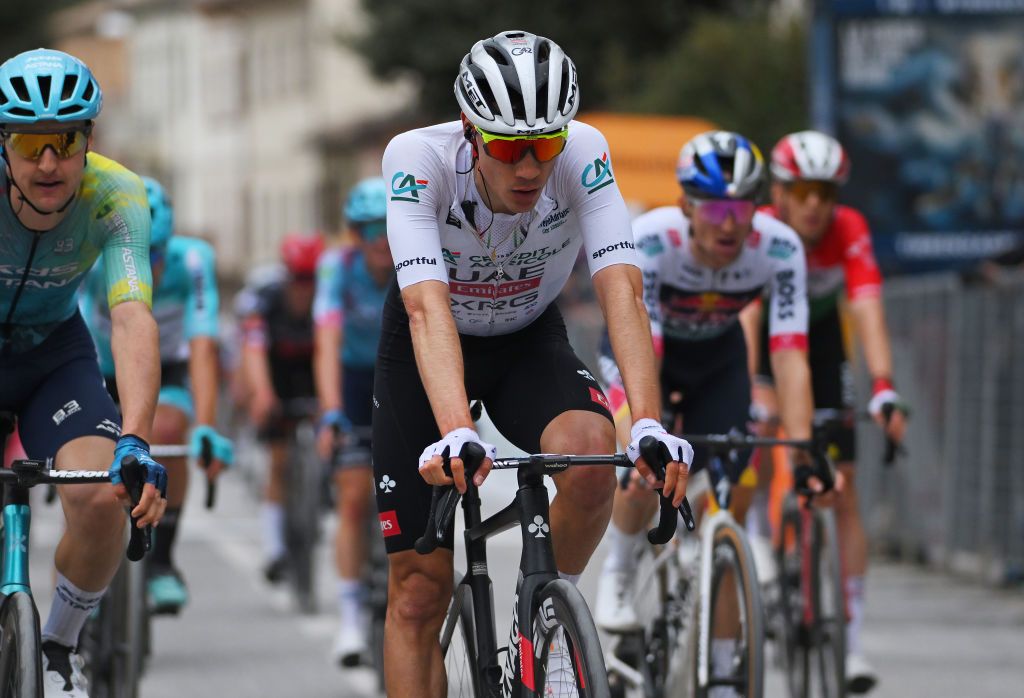 PERGOLA ITALY MARCH 14 Juan Ayuso Pesquera of Spain and UAE Team Emirates XRG White best young jersey crosses the finish line during the 60th TirrenoAdriatico 2025 Stage 5 a 205km stage from Ascoli Piceno to Pergola UCIWT on March 14 2025 in Pergola Italy Photo by Tim de WaeleGetty Images