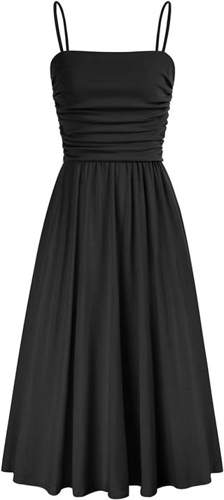 Grace Karin Damen Sommer-Spaghetti-Kleid, locker, lässig, einfarbig, Aline-Kleid, lässig, Urlaub, schwarz, Midi-Kleid, L