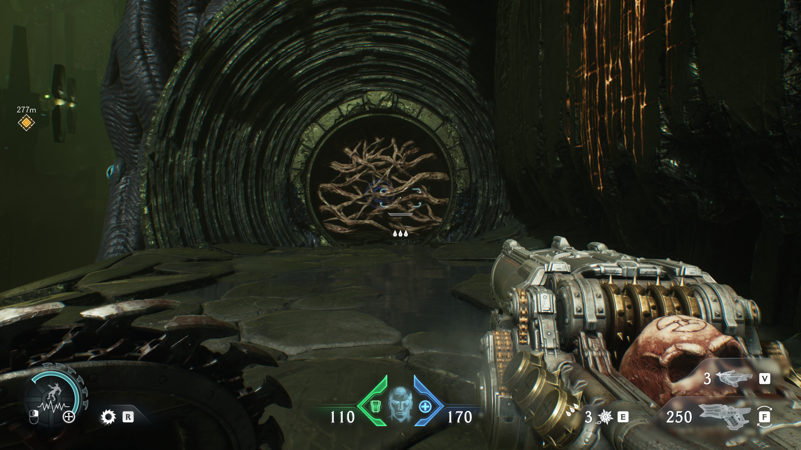 Doom: The Dark Ages Chapter 15 secrets City of Ry'uul - A barricade made of branches blocking a small round doorway.