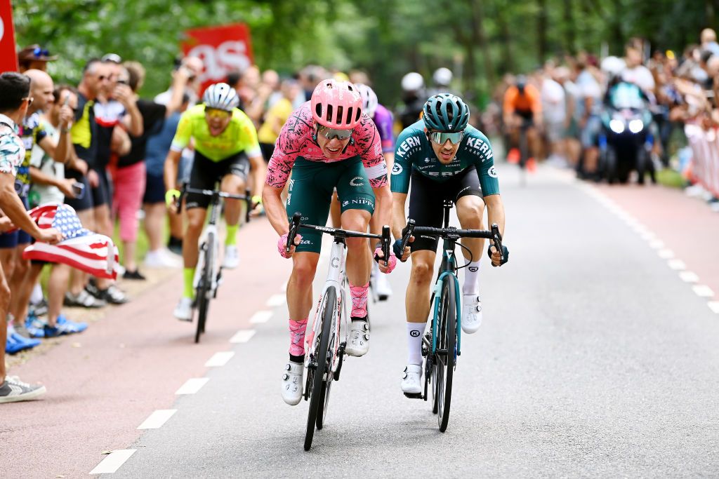 UTRECHT NETHERLANDS AUGUST 20 LR Julius Van Den Berg of Netherlands and Team EF Education Easypost and Pau Miquel Delgado of Spain and Team Equipo Kern Pharma compete in the breakaway during the 77th Tour of Spain 2022 Stage 2 a 1751km stage from sHertogenbosch to Utrecht LaVuelta22 WorldTour on August 20 2022 in Utrecht Netherlands Photo by Tim de WaeleGetty Images