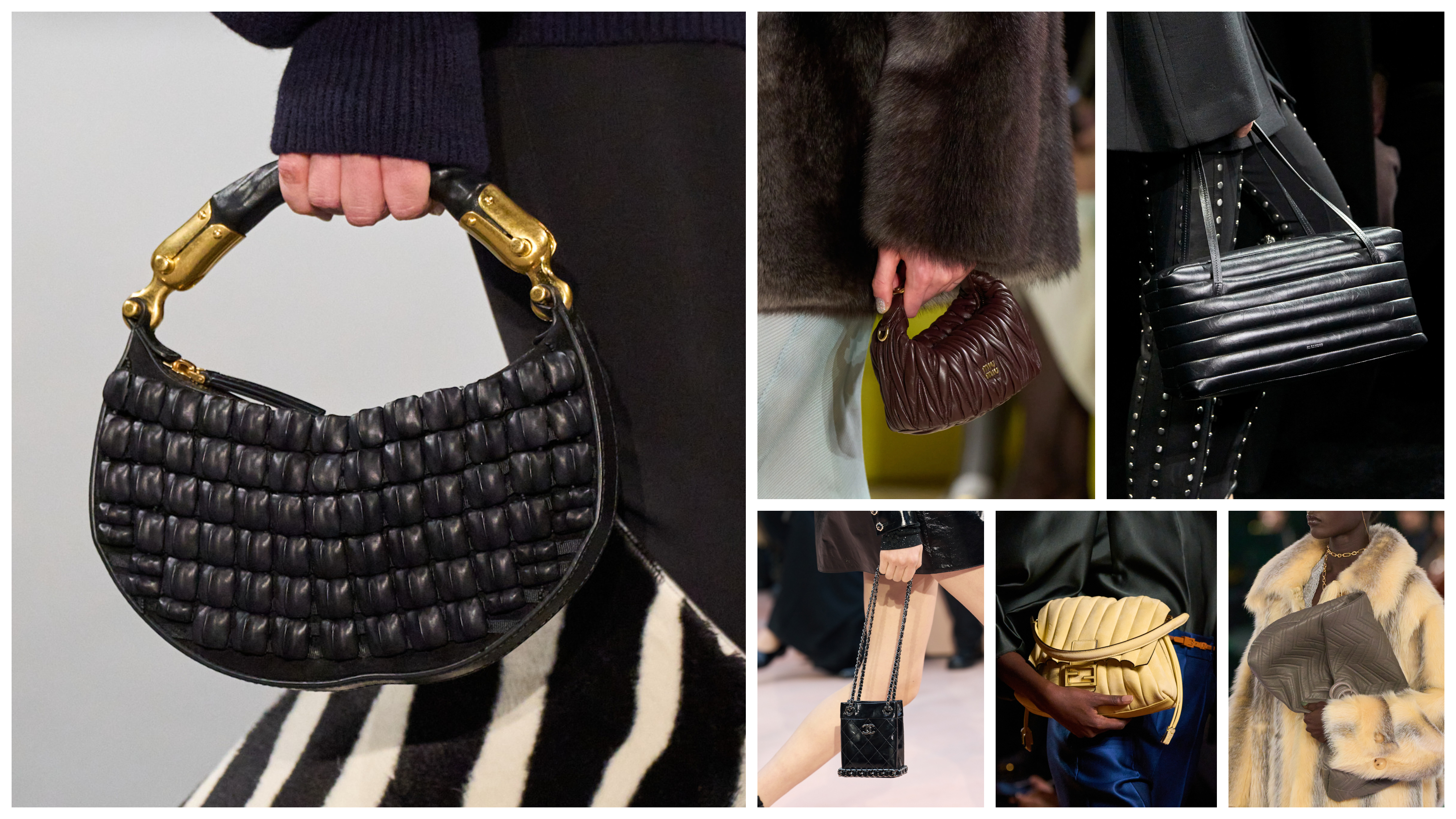 Quilted bags at Balmain, Miu Miu, Jil Sander, Chanel, Fendi, and Gucci