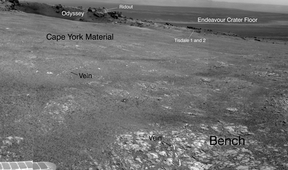 Bright veins cutting across an outcrop in a section of Endeavour Crater's rim called "Botany Bay" are visible in the foreground and middle distance of this view, which was assembled from images taken by the navigation camera on NASA's Mars rover Opportunity during the rover's 2,681st Martian day, or sol, of working on Mars (Aug. 9, 2011).