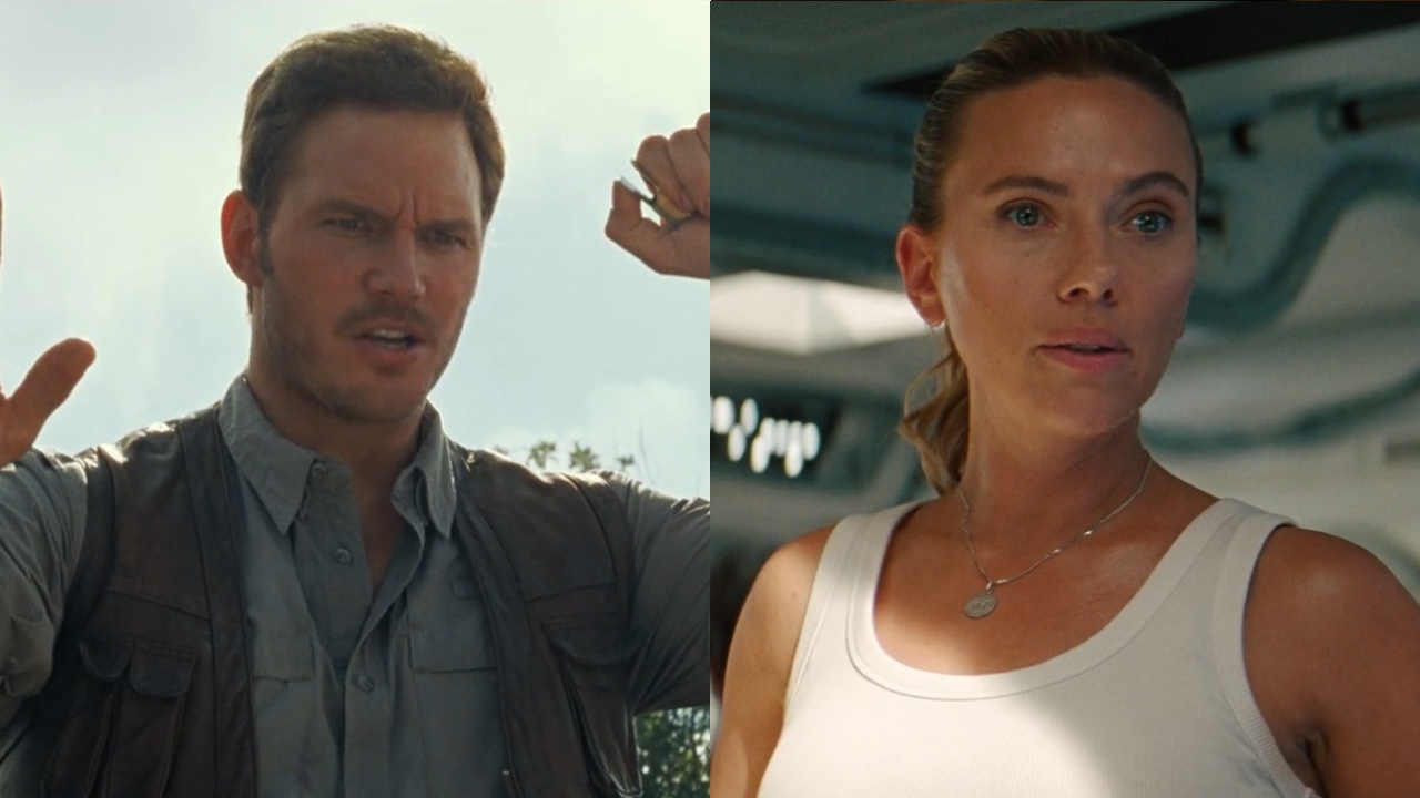 Chris Pratt in Jurassic World and Scarlett Johansson in Rebirth side by side 