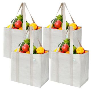 Veno 4 Pack Reusable Grocery Shopping Bag W/hard Bottom for Trolley Cart, Heavy Duty Tote Bag for Life,beach Bag, Multi-Purpose Water-Resistant (beige, 4 Pack)